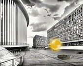 Abstract photo, black & white photo, glass orb, yellow, 24x36" print