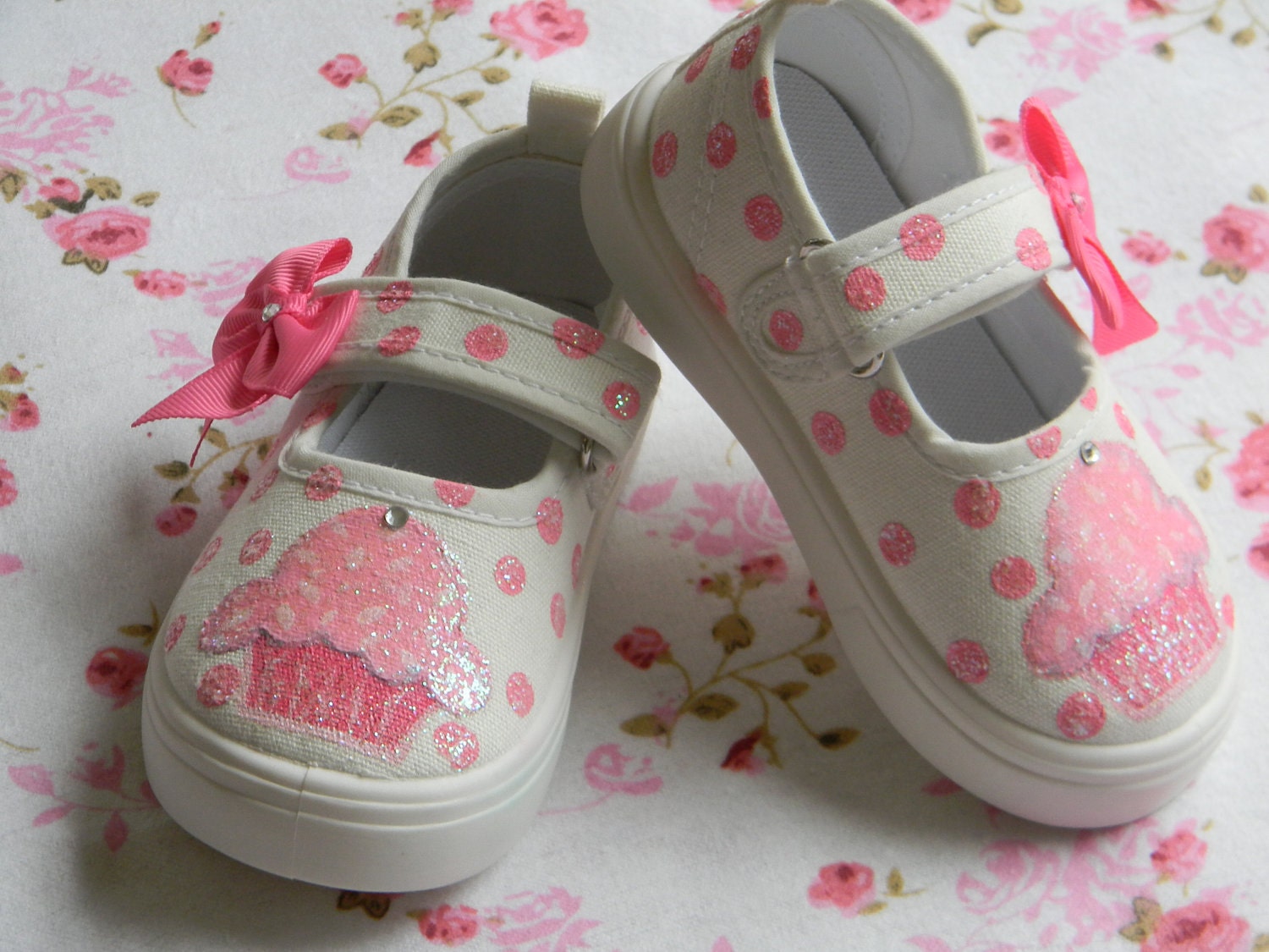 Hand Painted Pink Glitter Cupcake Toddler Shoes with Polka-Dots