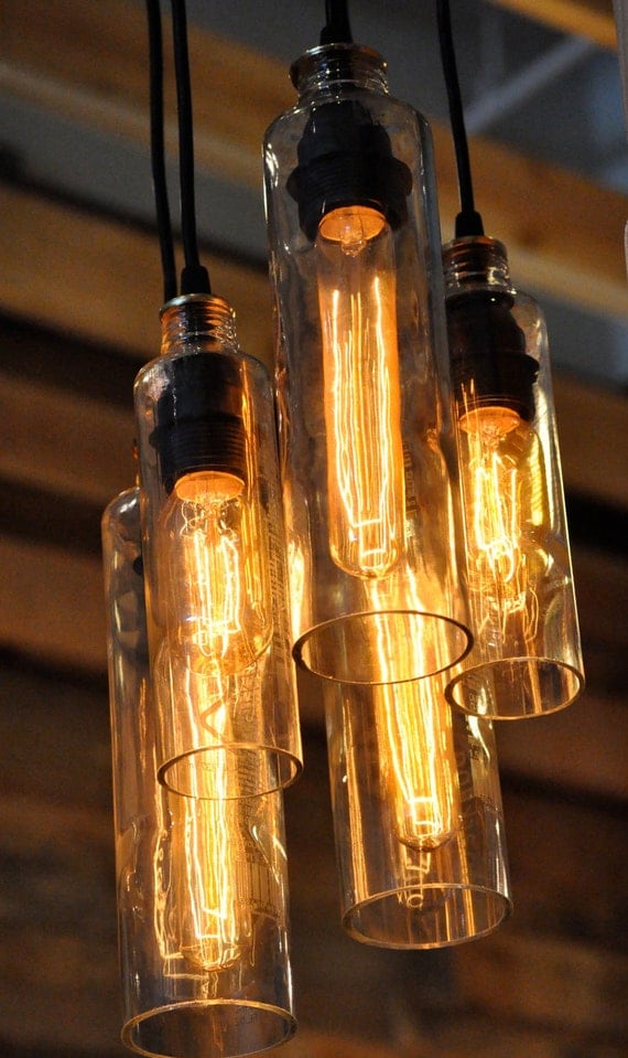 Recycled Bottle, Voss Bottle Pendant Lamp, Whiskey Bottle, Hanging Bottle, Hanging Lamp, Bottle Lamp with Edison Lightbulb