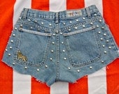 Vintage High Waisted Denim Patched Studded Shorts 7 CUSTOM