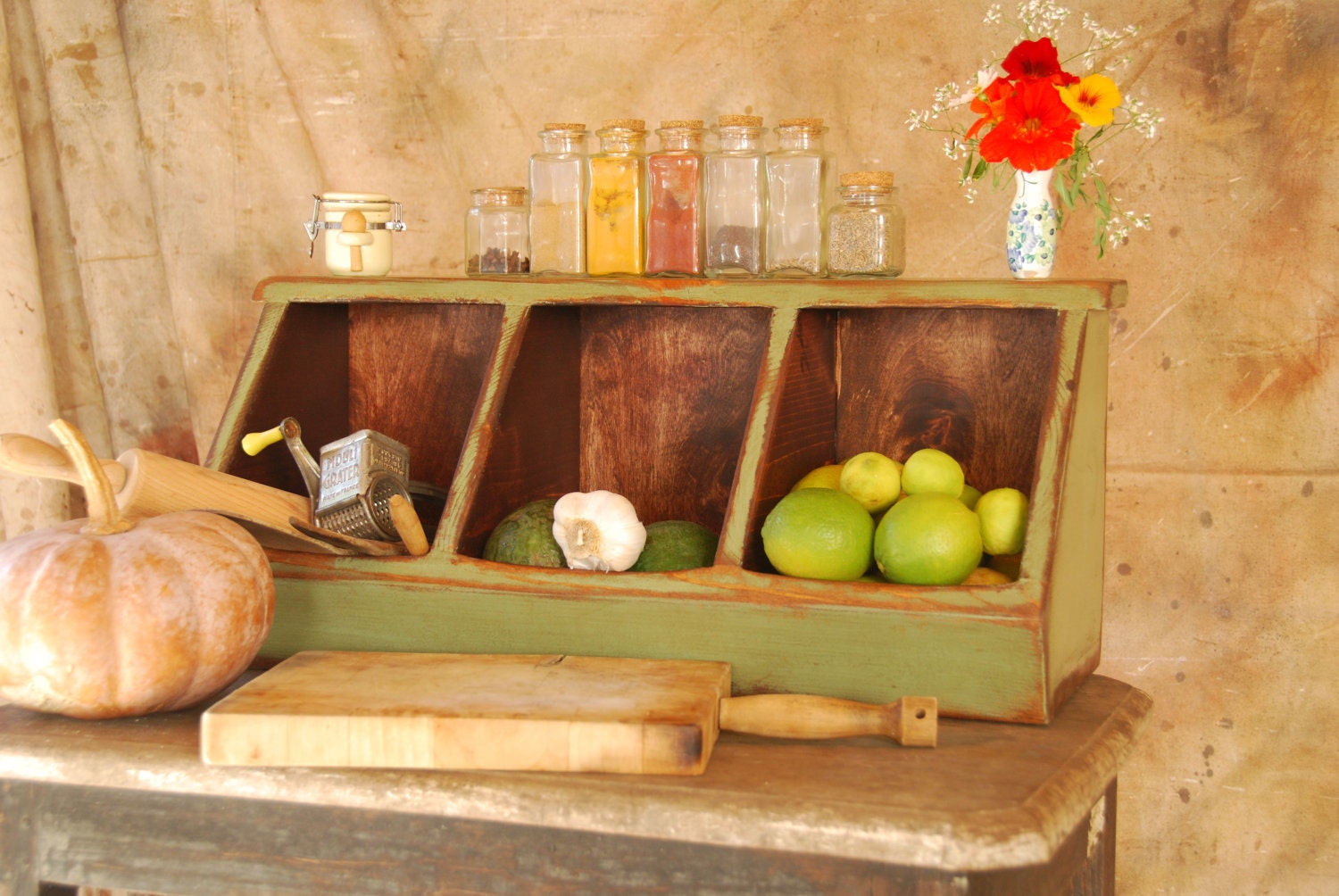 EXPEDITED - Storage- Kitchen Storage Boxes Primitive Rustic Country Chic 3 Bin Green-MADE to ORDER