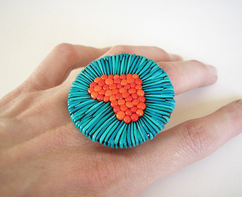 Love Jewelry / statemen heart ring, OOAK, polymer clay, turquoise orange / "With All My Heart" /