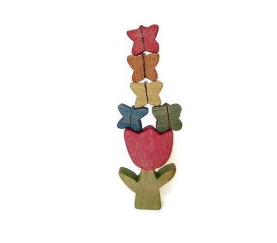 Wooden Balancing Butterflies and Tulip Set - Wooden Toy - Waldorf Inspired Toy