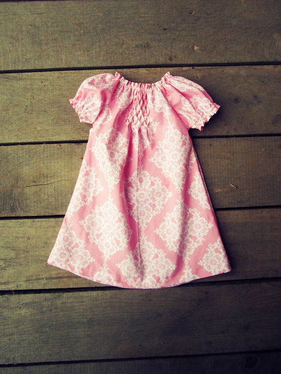 Pink damask Hand Smocked peasant dress size newborn 0-3 3-6 6-12 months 2t coming home outfit