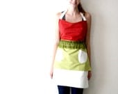 Strawberry Apron - red, green, white polka dot adjustable modern hostess apron with lace, tiers, pockets