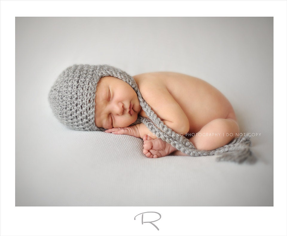 Baby Boy, crochet knit, photography prop, Grey Earflap Hat with long ties, size newborn, simple and sweet