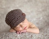 Newborn crochet knit newsboy brown buttons photography prop baby boy thin stitch beanie hat, wood buttons