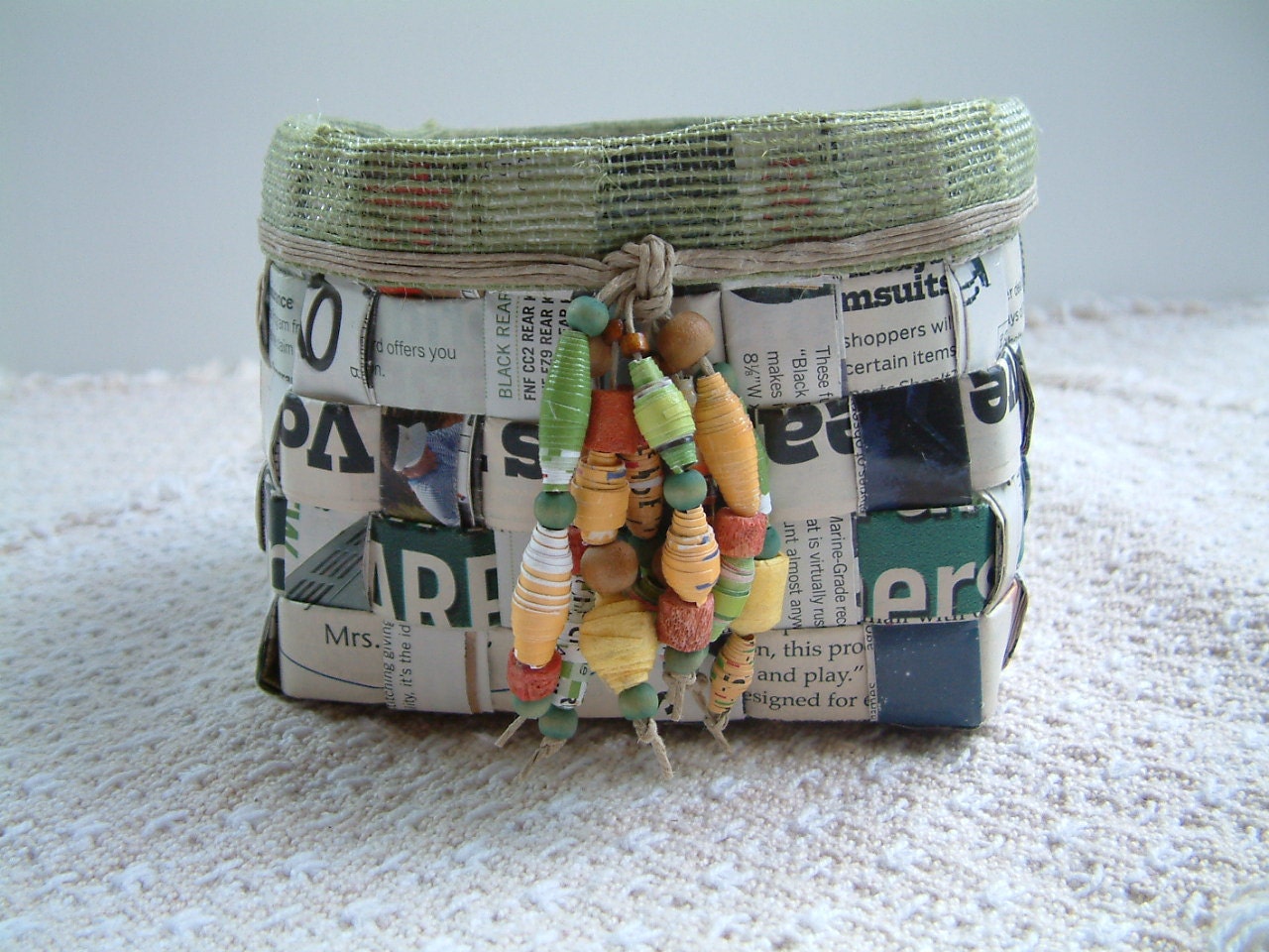 Beautiful handwoven basket from magazine pages - paper beads accent