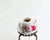 Paris Breakfast Coffee Cup and Pink French Macaron Miniature Food Ring - Miniature Food Jewelry