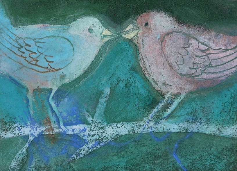 LOVE BIRDS ACEO Art Card, Miniature Art, Original Pastel drawing, Teal Aqua Turquoise Blue painting, Textured art