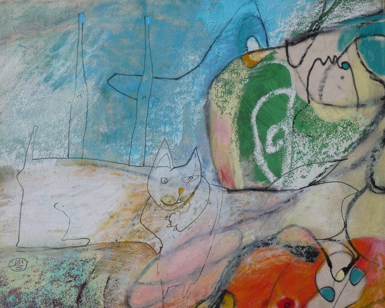Colorful ABSTRACT Painting - CAT art - Original oil pastel drawing - mixed media outsider art - teofana - 8x10 art