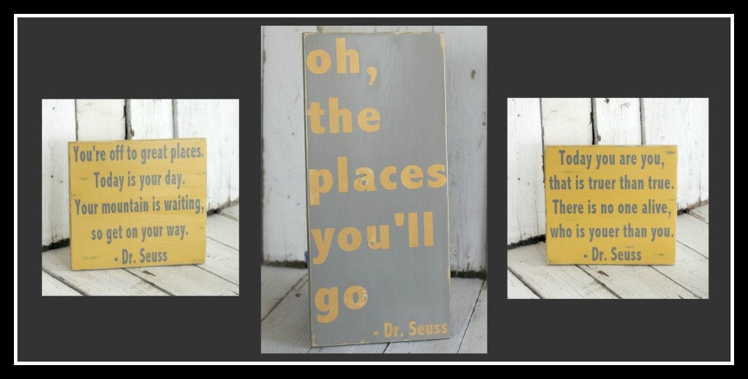 Oh, The Places You'll Go - Dr. Seuss - Hand painted and distressed wood sign - 11 1/2 x 24