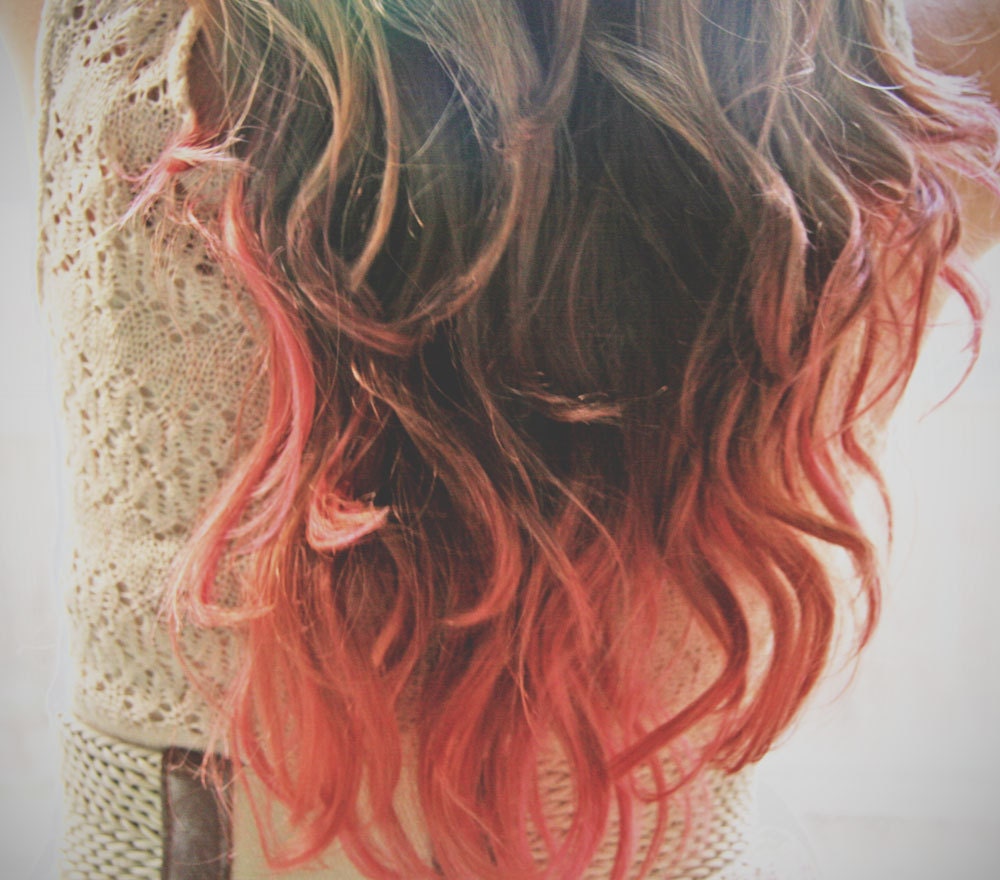 C O R A L I N A  coral pink colored human hair extension/ clip-in hair/ dip dye ombre (4) hair extensions
