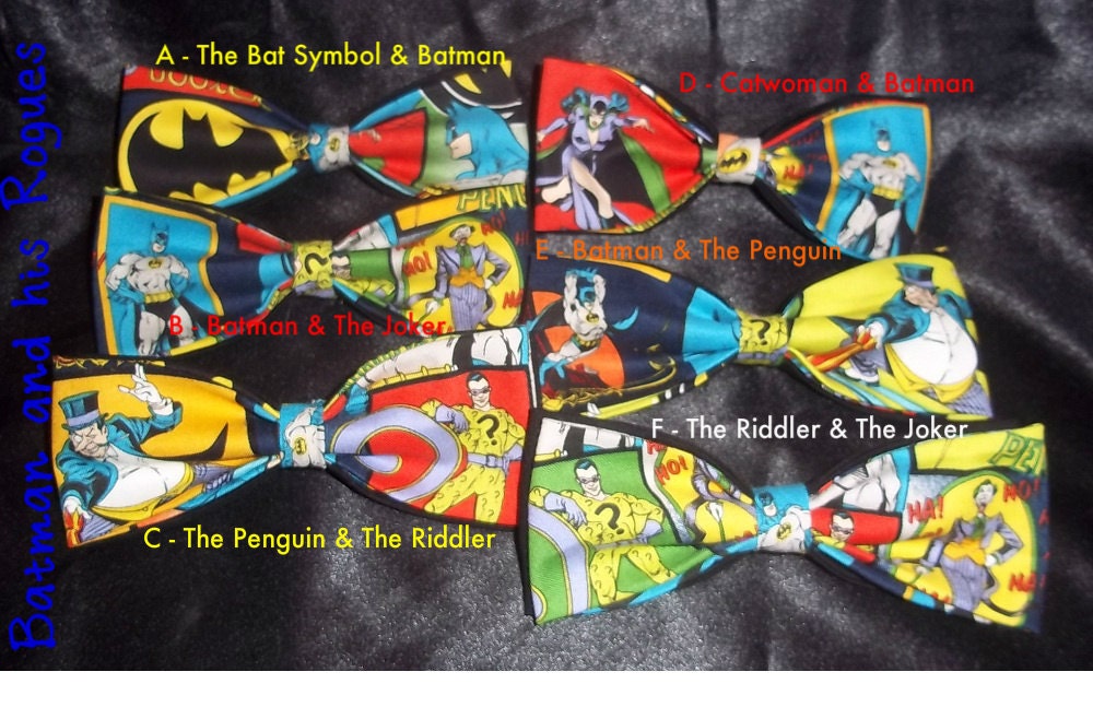 BowTies Made From DC Comics Fabric - Take Your Pick From 6 Great Looking Batman Bow Ties, Choose Your Favorite Rogue - SHIPPING 2.07