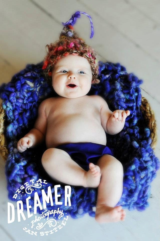 Hand Knit, Baby Photography Prop Blanket/Wrap in Purple Bobbles with hints of Blue and Pink, handspun. hand dyed soft yarn