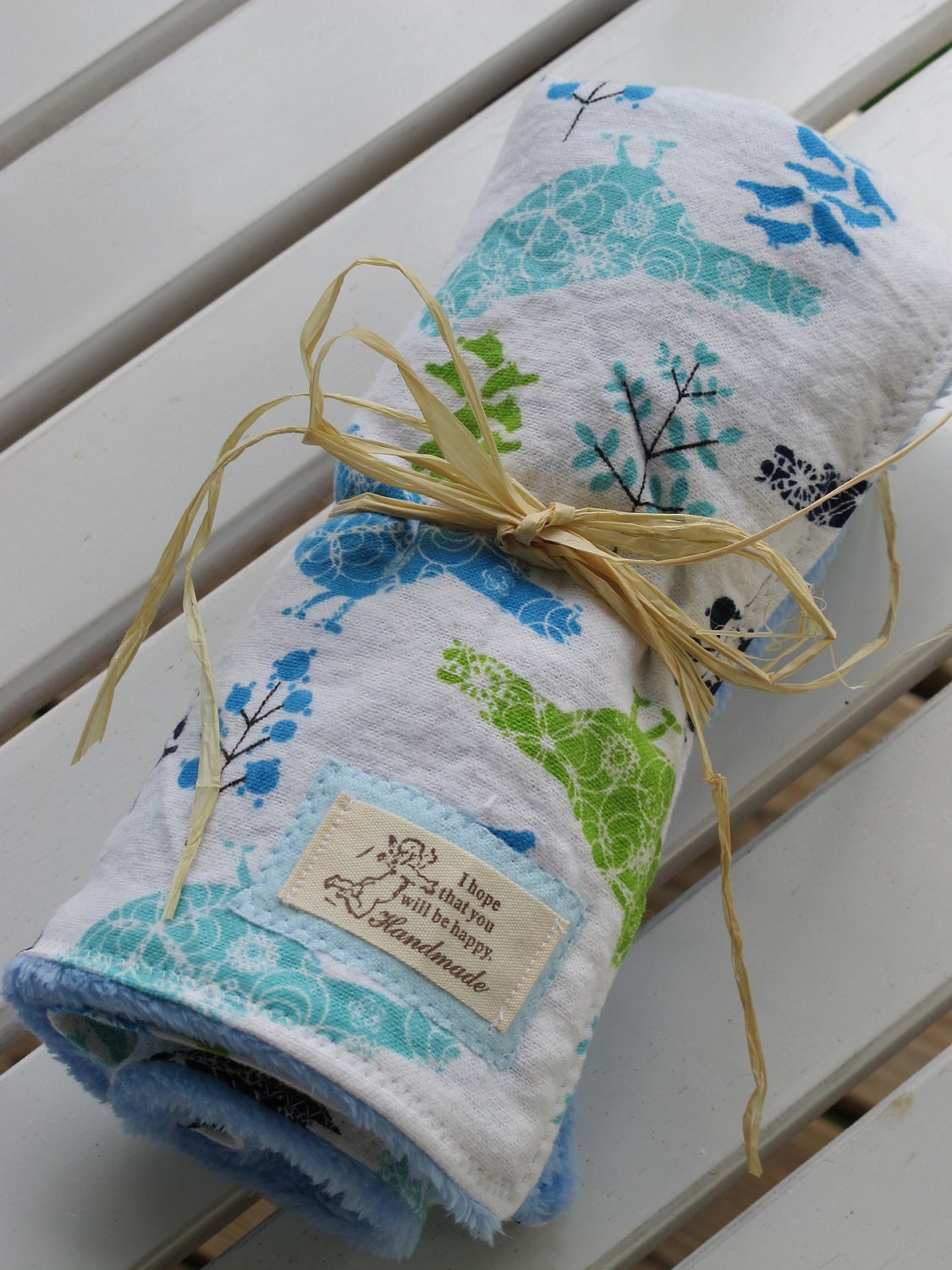 Blue Bird Baby Snuggle Blanket, Flannel, Handmade Blanket, Natural, Modern