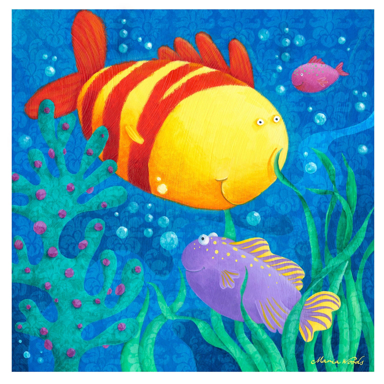 Under the Sea  8x8" Brightly Colored Fish Art Print for Baby's Nursery or Child's Bedroom