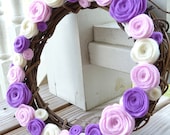 Rustic Spring Wreath with purple/violet, pink, and cream/light yellow color Felt Roses.  For your everyday Home Decor.