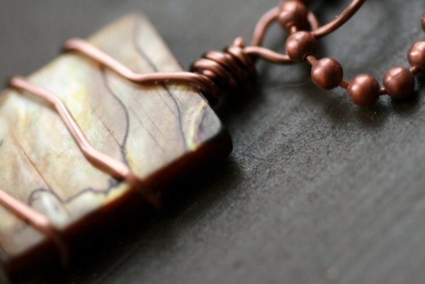 Antique Copper Ball Chain Necklace (F) with Mother of Pearl and Jasper Pendant