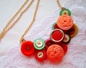 Handmade Button Necklace Red, pink, rose bib Ready to ship OOAK
