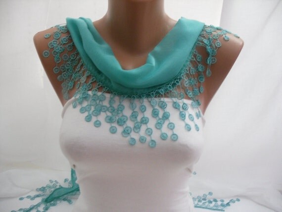 SpringGreen Cotton Shawl/  Scarf -Headband - Cowl with Lace Edge - Spring Summer Trends
