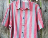 Crop top / Upcycled button down shirt / boxy fit / summer shirt / bold stripe blouse / pink and grey / womens medium