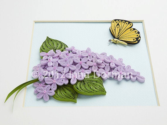 Wall art: Butterfly and lilac flowers. Framed with glass, OOAK. Paper filigree / quilling.