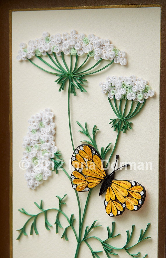 Wall art: Wild carrot flowers and butterfly. Framed with glass, OOAK. Paper filigree / quilling