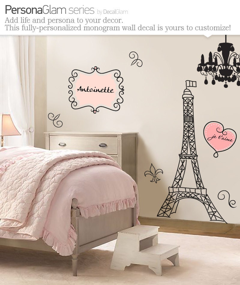Wall Decal - Large Vinyl Art Sticker - Paris, France - Eiffel Tower - Name Personalization monogram - Fleur de Lis - Girls Teens - Chic