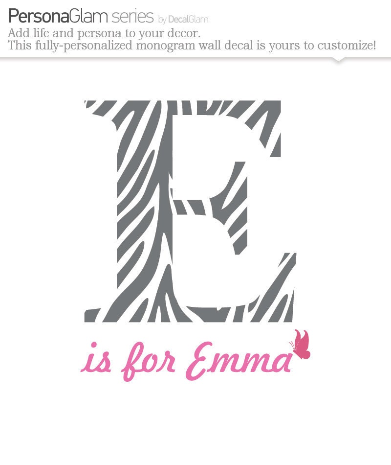Children's Teen Wall Decal - Personalized Monogram - Vinyl Art Sticker - Zebra, Butterfly, Pink - Baby & Girls Room