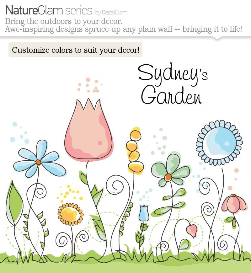 Childrens Wall Decal - Flower Garden with Name Personalization - Large Vinyl Art Sticker - For Nursery or Kids Girls Room