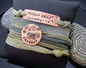 SALE D2E Graduation hand dyed silk yoga wrap bracelet with hand stamped lucky penny copper charms and magentic clasp