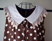 Vintage Olive Brown and Ivory Peter Pan Lace and Bow Collar Polka Dot Shift Dress Medium - 1960s - AllyHootVintage Vintage Olive Brown and Ivory Peter Pan Lace and Bow Collar Polka Dot Shift Dress Medium - 1960s - AllyHootVintage