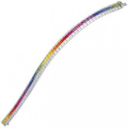 Multicolor Rainbow Sapphire & Diamond Tennis Bracelet 14K White Gold (14ct tw) SKU: 1612-14K-Wg