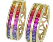 Multicolor Rainbow Sapphire Earrings Double Row Huggie 14K Yellow Gold (5ct tw) : sku 437-14k-yg