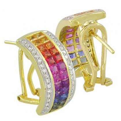 Multicolor Rainbow Sapphire & Diamond Invisible Set Huggie Earrings 18K Yellow Gold (8.75ct tw) SKU: 1534-18K-Yg
