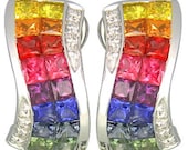Multicolor Rainbow Sapphire & Diamond Double Row Invisible Set Earrings 14K White Gold (4.13ct tw) SKU:426-14K-Wg