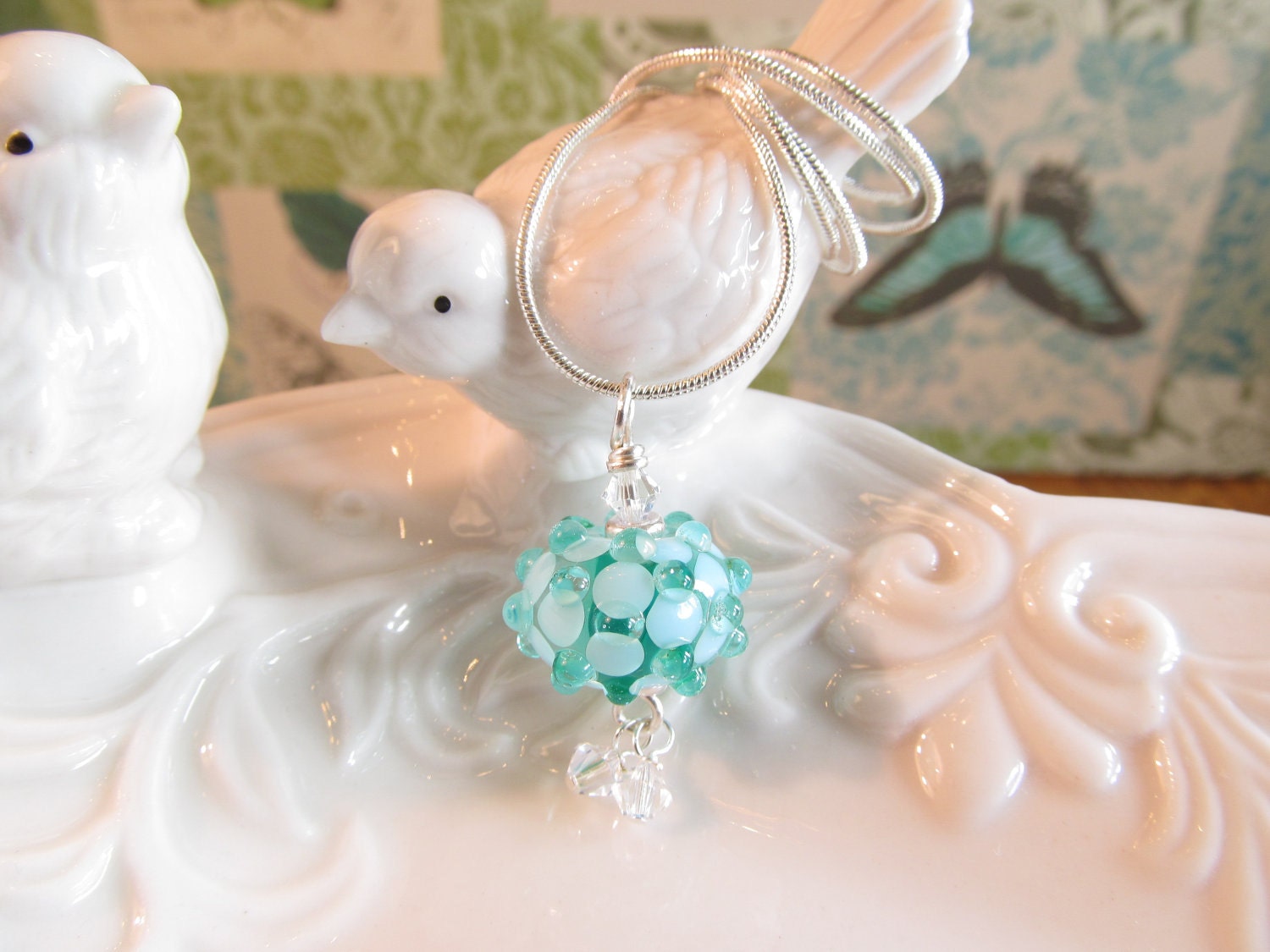 Lampwork Necklace sparkling glass bead in teal/blue, clear crystals