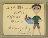 Scripture quote boy superhero canvas painting: A Brother's Defense Proverb