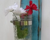 blue wall sconce rustic French cottage Shabby Chic wall vase glass jar cottage decor handmade rustic slightly destressed