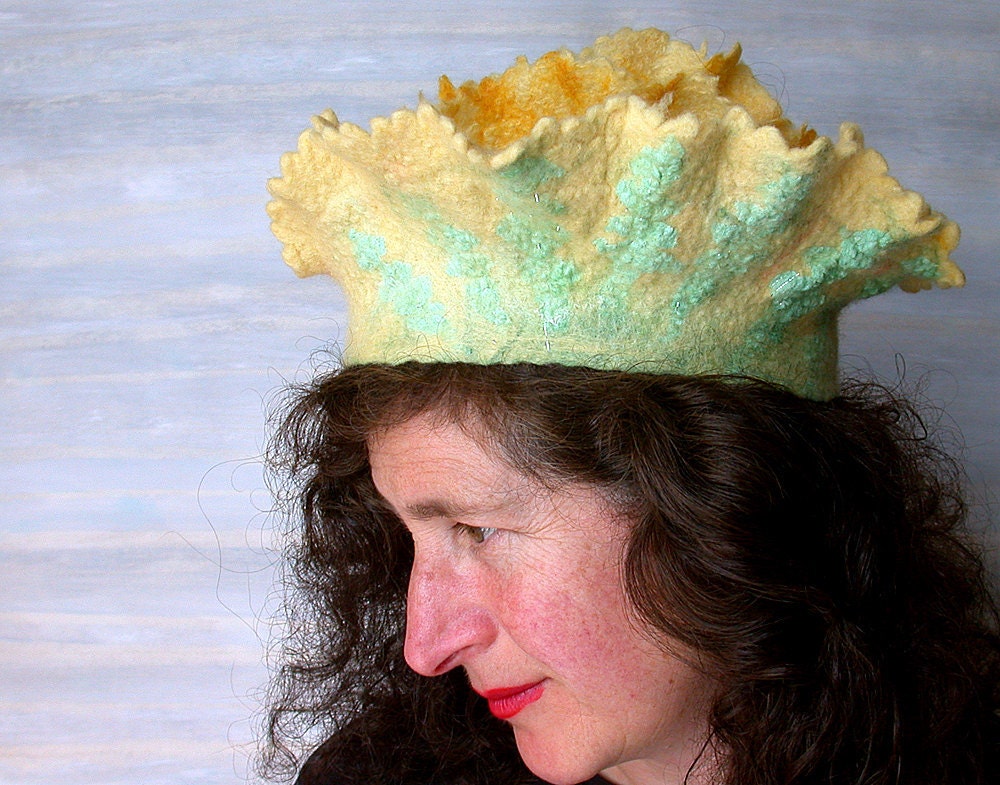 Womans Yellow Felt Beret - Felted Flower Hat with Ruffles - Spring Greens