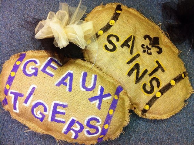 Double Sided Burlap Football Door Hanger. LSU Tigers and New Orleans Saints Hand Painted Football Door Hanging Decoration 