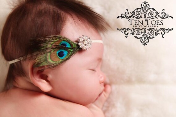 Sweet and Dainty Mini Double Peacock Feather Headband on skinny elastic with crystal pearl detailing