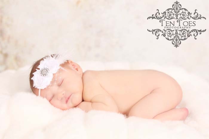 Newborn Perfect. Mini Shabby Chic Style Double Pink & Cream Chiffon Rose Flower Headband with Pearl and Crystal detail