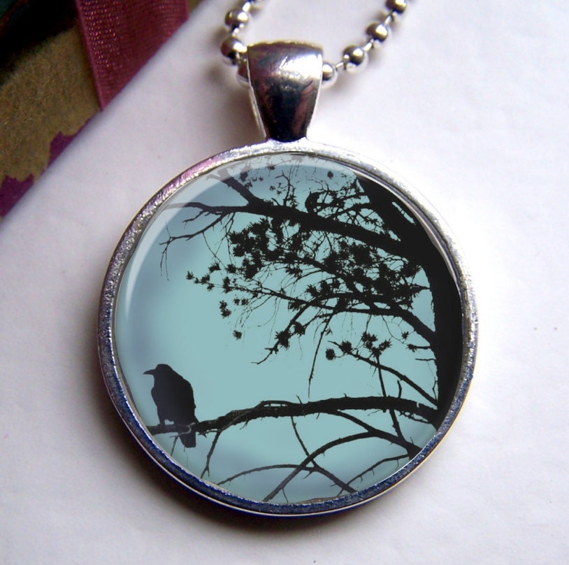 Raven In Tree Art Pendant, Photo Pendant, Raven Necklace