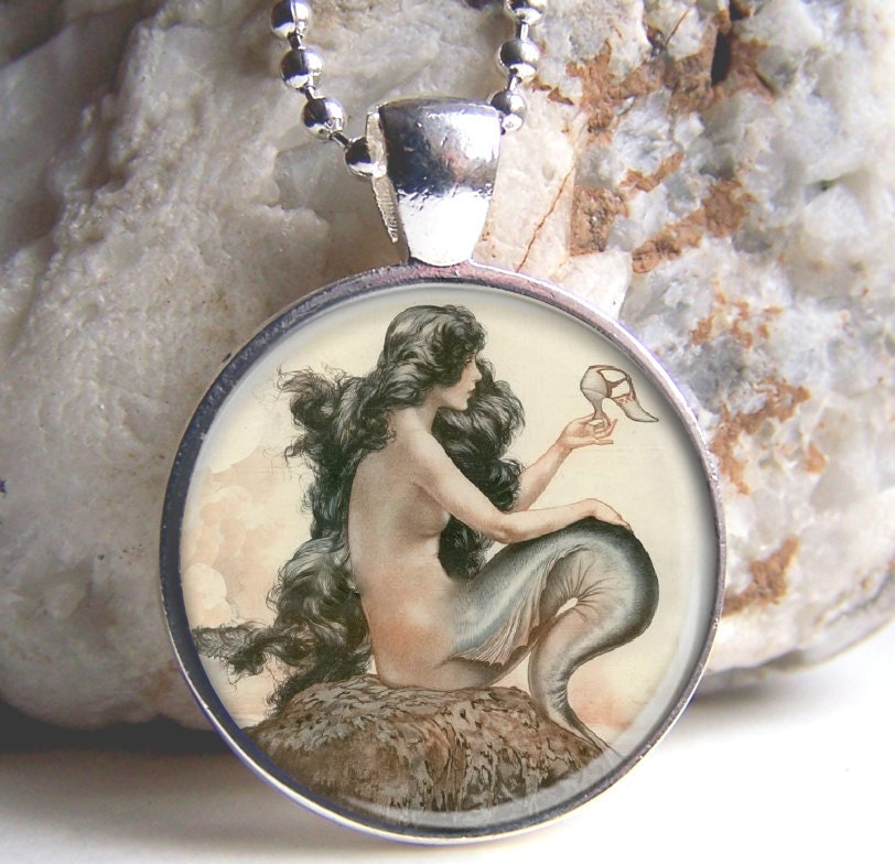 Mermaid Art Pendant, Vintage Mermaid Picture Pendant, Silver And Glass Mermaid Charm