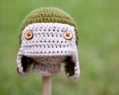 Newborn Crochet Aviator hat with buttons - Green, Cream and Wood Buttons - Photography Prop - Newborn size - Made to order two days