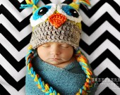 Crochet Owl Hat - Celadon green, gray, orange and teal - Photography Prop - 14 inch size  - 3-6 month size - Made to order two days