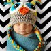 Crochet Owl Hat - Celadon green, gray, orange and teal - Photography Prop - 15 inch size - 6 month size - Made to order two days