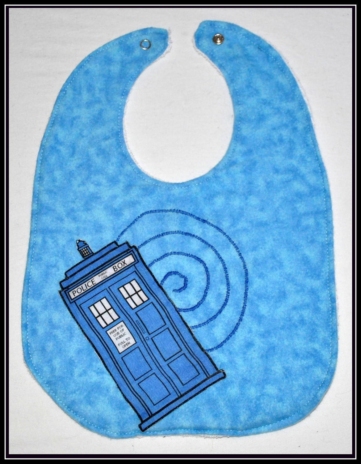 Doctor Who Tardis Inspired Blue Flannel Bib with White Terry Cloth - Geek-a-bye Baby -- Sci-Fi Geek - Handmade
